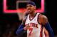 NEW YORK, NY - MAY 06: Carmelo Anthony #7 of the New York Knicks reacts in the second half against the Miami Heat in Game Four of the Eastern Conference Quarterfinals in the 2012 NBA Playoffs on May 6, 2012 at Madison Square Garden in New York City. NOTE TO USER: User expressly acknowledges and agrees that, by downloading and or using this photograph, User is consenting to the terms and conditions of the Getty Images License Agreement (Photo by Jeff Zelevansky/Getty Images)