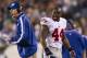 Sep 30, 2012; Philadelphia, PA, USA; New York Giants running back Ahmad Bradshaw (44) appears to yell at head coach Tom Coughlin during the fourth quarter against the Philadelphia Eagles at Lincoln Financial Field.The Eagles defeated The Giants 19-17. Mandatory Credit: Howard Smith-US PRESSWIRE