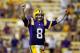 BATON ROUGE, LA - SEPTEMBER 15: Zach Mettenberger #8 of the LSU Tigers celebrates after throwing a touchdown against the Idaho Vandals at Tiger Stadium on September 15, 2012 in Baton Rouge, Louisiana. (Photo by Chris Graythen/Getty Images)