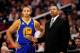 Jan. 2, 2012; Phoenix, AZ, USA; Golden State Warriors guard Stephen Curry (30) talks with head coach Mark Jackson on the sidelines while playing against the Phoenix Suns at the US Airways Center. The Suns defeated the Warriors 102-91. Mandatory Credit: Jennifer Stewart-US PRESSWIRE.