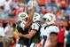 MIAMI GARDENS, FL - SEPTEMBER 23: Kicker Nick Folk #2 (L) of the New York Jets celebrates a game winning kick against the Miami Dolphins at Sun Life Stadium on September 23, 2012 in Miami Gardens, Florida. The Jets defeated the Dolphins 23-20 in overtime. (Photo by Marc Serota/Getty Images)