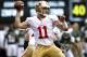 EAST RUTHERFORD, NJ - SEPTEMBER 30: Alex Smith #11 of the San Francisco 49ers looks for an open man during a game against the New York Jets at MetLife Stadium on September 30, 2012 in East Rutherford, New Jersey. (Photo by Jeff Zelevansky/Getty Images)