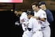 MINNEAPOLIS, MN - SEPTEMBER 13: (L-R) Denard Span #2, Ben Revere #11, Darin Mastroianni #19 and Scott Diamond #58 of the Minnesota Twins celebrate a walk-off win in tenth inning against the Kansas City Royals on September 13, 2012 at Target Field in Minneapolis, Minnesota. The Twins defeated the Royals 4-3 in ten innings. (Photo by Hannah Foslien/Getty Images)