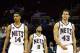 NEWARK, NJ - MARCH 19: (L-R) Gerald Green #14, Deron Williams #8, Kris Humphries #43 and Anthony Morrow #22 of the New Jersey Nets walk up court out of a timeout in the fourth quarter against the Cleveland Cavaliers at Prudential Center on March 19, 2012 in Newark, New Jersey. NOTE TO USER: User expressly acknowledges and agrees that, by downloading and or using this photograph, User is consenting to the terms and conditions of the Getty Images License Agreement. (Photo by Chris Chambers/Getty Images)