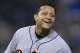 KANSAS CITY, MO - OCTOBER 2: Miguel Cabrera #24 of the Detroit Tigers smiles as he stands on first after hitting a two-run single against the Kansas City Royals in the third inning at Kauffman Stadium on October 2, 2012 in Kansas City, Missouri. (Photo by Ed Zurga/Getty Images)