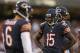 CHICAGO, IL - AUGUST 18: Brandon Marshall #15 and Jay Cutler #6 of the Chicago Bears wait during a time out against the Washington Redskins during a preseason game at Soldier Field on August 18, 2012 in Chicago, Illinois. (Photo by Jonathan Daniel/Getty Images)
