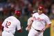 Sep 25, 2012; Philadelphia, PA, USA; Philadelphia Phillies left fielder Darin Ruf (18) celebrates hitting a home run during the second inning against the Washington Nationals at Citizens Bank Park. Mandatory Credit: Howard Smith-US PRESSWIRE