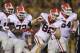 COLUMBIA , MO - SEPTEMBER 8: Michael Bennett #82 of the Georgia Bulldogs celebrates a two-point conversion with Kenarious Gates #72 and Dallas Lee #64 during a game against the Missouri Tigers in the third quarter at Memorial Stadium on September 8, 2012 in Columbia, Missouri. (Photo by Ed Zurga/Getty Images)