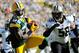 Sept 30, 2012; Green Bay, WI, USA; Green Bay Packers wide receiver James Jones (89) catches a touchdown pass against New Orleans Saints linebacker Scott Shanle (58) in the 1st quarter at Lambeau Field. Mandatory Credit: Benny Sieu-US PRESSWIRE