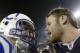 FOXBORO, MA - JANUARY 18: Quarterback Tom Brady #12 of the New England Patriots speaks with Quarterback Peyton Manning #18 of the Indianapolis Colts after the AFC Championship Game on January 18, 2004 at Gillette Stadium in Foxboro, Massachusetts. The Patriots defeated the Colts 24-14. (Photo by Elsa/Getty Images)
