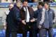 BOLTON, UNITED KINGDOM - MARCH 12: Arsene Wenger (left) shakes hands with Bolton coach Phil Brown as Sam Allardyce (centre) looks on dejectedly after the final whistle in the FA Cup Quarter Final match between Bolton Wanderers and Arsenal at the Reebok Stadium on February 12, 2005 in Bolton, England (Photo by Michael Steele/Getty Images)