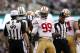 EAST RUTHERFORD, NJ - SEPTEMBER 30: Aldon Smith #99 of the San Francisco 49ers reacts during a game against the New York Jets at MetLife Stadium on September 30, 2012 in East Rutherford, New Jersey. (Photo by Jeff Zelevansky/Getty Images)