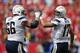 KANSAS CITY, MO - SEPTEMBER 30: Philip Rivers #17 and Jeromey Clary #66 of the San Diego Chargers celebrate after a touchdown against the Kansas City Chiefs during the game at Arrowhead Stadium on September 30, 2012 in Kansas City, Missouri. The Chargers won 37-20. (Photo by Joe Robbins/Getty Images)