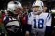 FOXBORO, MA - NOVEMBER 21: Tom Brady #12 of the New England Patriots shakes hands with Peyton Manning #18 of the Indianapolis Colts after their game at Gillette Stadium on November 21, 2010 in Foxboro, Massachusetts. (Photo by Jim Rogash/Getty Images)