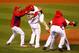 ST LOUIS, MO - OCTOBER 28: Rafael Furcal #15 and Albert Pujols #5 of the St. Louis Cardinals celebrate after defeating the Texas Rangers 6-2 to win the World Series in Game Seven of the MLB World Series at Busch Stadium on October 28, 2011 in St Louis, Missouri. (Photo by Dilip Vishwanat/Getty Images)