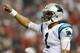 ATLANTA, GA - SEPTEMBER 30: Cam Newton #1 of the Carolina Panthers reacts after tossing for a touchdown against the Atlanta Falcons at Georgia Dome on September 30, 2012 in Atlanta, Georgia. (Photo by Kevin C. Cox/Getty Images)