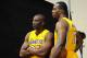 Oct.1, 2012, 2012; El Segundo, CA, USA; Los Angeles Lakers center Dwight Howard (12) and Los Angeles Lakers shooting guard Kobe Bryant (24) during media day at the Los Angeles Lakers Training Center. Mandatory Credit: Jayne Kamin-Oncea-US PRESSWIRE