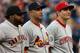 KANSAS CITY, MO - JULY 10: (L-R from 2nd L) National League All-Stars Carlos Beltran #3 of the St. Louis Cardinals, Joey Votto #19 of the Cincinnati Reds, Ryan Braun of the Milwaukee Brewers and Melky Cabrera #53 of the San Francisco Giants look on during pregame festivities the 83rd MLB All-Star Game at Kauffman Stadium on July 10, 2012 in Kansas City, Missouri. (Photo by Jonathan Daniel/Getty Images)