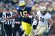 ANN ARBOR, MI - OCTOBER 29: Denard Robinson #16 of the Michigan Wolverines tip toes up the sideline in front of Joe Holland #30 and Landon Feichter #44 of the Purdue Boilermakers during a fourth quarter run at Michigan Stadium on October 29, 2011 in Ann Arbor, Michigan. (Photo by Gregory Shamus/Getty Images)