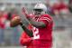 September 8, 2012; Columbus, OH, USA; Ohio State Buckeyes quarterback Cardale Jones (12) throws a pass in warmups before the game against the UAB Blazers at Ohio Stadium. Ohio State won the game 29-15. Mandatory Credit: Greg Bartram-US PRESSWIRE