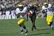 October 6, 2012: West Lafayette, IN, USA; Michigan Wolverines quarterback Denard Robinson (16) runs around end as Purdue Boilermakers defensive end Ryan Russell (99) pursues and Michigan Wolverines offensive linesman Michael Schofield (75) follows at Ross Ade Stadium. Mandatory Credit: Sandra Dukes-US PRESSWIRE