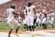 Oct 6, 2012; Austin, TX, USA; West Virginia Mountaineers wider receiver Stedman Bailey (3) celebrates scoring a touchdown with wide receiver Tavon Austin (1) during the first quarter against the Texas Longhorns at Darrell K Royal-Texas Memorial Stadium. Mandatory Credit: Tim Heitman-US PRESSWIRE
