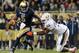 Oct. 6, 2012; Chicago, IL, USA; Notre Dame Fighting Irish quarterback Everett Golson (5) is pressured by Miami Hurricanes defensive end Shayon Green (51) in the second quarter at Soldier Field. Mandatory Credit: Matt Cashore-US PRESSWIRE
