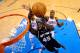 OKLAHOMA CITY, OK - JUNE 02: Serge Ibaka #9 of the Oklahoma City Thunder blocks the attempted layup by DeJuan Blair #45 of the San Antonio Spurs in the second half in Game Four of the Western Conference Finals of the 2012 NBA Playoffs at Chesapeake Energy Arena on June 2, 2012 in Oklahoma City, Oklahoma. NOTE TO USER: User expressly acknowledges and agrees that, by downloading and or using this photograph, User is consenting to the terms and conditions of the Getty Images License Agreement. (Photo by Larry W. Smith/Pool/Getty Images)