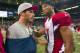 October 4, 2012; St. Louis, MO, USA; Arizona Cardinals wide receiver Larry Fitzgerald (11) talks to St. Louis Rams wide receiver Danny Amendola (16) after the game at the Edward Jones Dome. Amendola left the game with a collarbone injury. The Rams defeated the Cardinals 17-3. Mandatory Credit: Photo by Scott Rovak-US PRESSWIRE