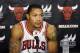 October 1, 2012; Chicago, IL, USA; Chicago Bulls point guard Derrick Rose (1) talks to the media during Chicago Bulls media day at the Berto Center. Mandatory Credit: David Banks-US PRESSWIRE