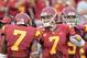 LOS ANGELES, CA - SEPTEMBER 22: Matt Barkley #7 of the USC Trojans celebrates a defensive stop late in the game with T.J. McDonald #7 during the game against the California Golden Bears at Los Angeles Memorial Coliseum on September 22, 2012 in Los Angeles, California. (Photo by Harry How/Getty Images)