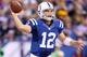 INDIANAPOLIS, IN - OCTOBER 07: Andrew Luck #12 of the Indianapolis Colts throws a pass during the NFL game against the Green Bay Packers at Lucas Oil Stadium on October 7, 2012 in Indianapolis, Indiana. (Photo by Andy Lyons/Getty Images)
