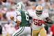 EAST RUTHERFORD, NJ - SEPTEMBER 30: Patrick Willis #52 of the San Francisco 49ers pressures Mark Sanchez #6 of the New York Jets on September 30, 2012 at MetLife Stadium in East Rutherford, New Jersey.The San Francisco 49ers defeated the New York Jets 34-0. (Photo by Elsa/Getty Images)