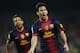 BARCELONA, SPAIN - OCTOBER 07: Lionel Messi (R) of Barcelona celebrates scoring besides his teammate Jordi Alba during the la Liga match between FC Barcelona and Real Madrid at the Camp Nou stadium on October 7, 2012 in Barcelona, Spain. (Photo by Jasper Juinen/Getty Images)