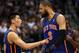 DALLAS, TX - MARCH 06: Jeremy Lin #17 of the New York Knicks talks with Tyson Chandler #6 during play against the Dallas Mavericks at American Airlines Center on March 6, 2012 in Dallas, Texas. NOTE TO USER: User expressly acknowledges and agrees that, by downloading and or using this photograph, User is consenting to the terms and conditions of the Getty Images License Agreement. (Photo by Ronald Martinez/Getty Images)