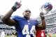 Oct 7, 2012; East Rutherford, NJ, USA; New York Giants running back Ahmad Bradshaw celebrates the 41-27 victory against the Cleveland Browns at MetLife Stadium. Mandatory Credit: Andrew Mills/THE STAR-LEDGER via US PRESSWIRE