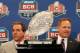 NEW ORLEANS, LA - JANUARY 08: Head coach Nick Saban of the Alabama Crimson Tide and head coach Les Miles of the LSU Tigers pose with The Coaches' Trophy during the Allstate BCS Championship Press Conference on January 8, 2012 in New Orleans, Louisiana. (Photo by Kevin C. Cox/Getty Images)