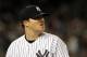Sep 20, 2012; Bronx, NY, USA; New York Yankees starting pitcher Phil Hughes reacts during the game against the Toronto Blue Jays at Yankee Stadium. Mandatory Credit: Noah K. Murray/THE STAR-LEDGER via US PRESSWIRE