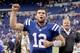 INDIANAPOLIS, IN - OCTOBER 07: Andrew Luck #12 of the Indianapolis Colts celebrates as he runs off of the field following the 30-27 over the Green Bay Packers in the NFL game at Lucas Oil Stadium on October 7, 2012 in Indianapolis, Indiana. (Photo by Andy Lyons/Getty Images)