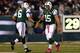 EAST RUTHERFORD, NJ - OCTOBER 08: Quarterback Mark Sanchez #6 of the New York Jets re-enters the game to replace Tim Tebow #15 in the first quarter against the Houston Texans at MetLife Stadium on October 8, 2012 in East Rutherford, New Jersey. (Photo by Elsa/Getty Images)