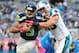 CHARLOTTE, NC - OCTOBER 07: Luke Kuechly #59 of the Carolina Panthers forces Russell Wilson #3 of the Seattle Seahawks out-of-bounds during play at Bank of America Stadium on October 7, 2012 in Charlotte, North Carolina. (Photo by Grant Halverson/Getty Images)