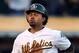 OAKLAND, CA - OCTOBER 09: Coco Crisp #4 of the Oakland Athletics reacts after crossing home plate to score a run against the Detroit Tigers during Game Three of the American League Division Series at Oakland-Alameda County Coliseum on October 9, 2012 in Oakland, California. (Photo by Ezra Shaw/Getty Images)