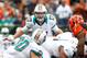 CINCINNATI, OH - OCTOBER 07: Quarterback Ryan Tannehill, #17 of the Miami Dolphins, yells to tight end Anthony Fasano, #80 of the Miami Dolphins before the start of a play against the Bengals at Paul Brown Stadium on October 7, 2012 in Cincinnati, Ohio. The Dolphins won, 17-13. (Photo by Tyler Barrick/Getty Images)
