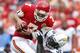 KANSAS CITY, MO - SEPTEMBER 30: Donald Butler #56 of the San Diego Chargers tackles Matt Cassel #7 of the Kansas City Chiefs during the game at Arrowhead Stadium on September 30, 2012 in Kansas City, Missouri. The Chargers won 37-20. (Photo by Joe Robbins/Getty Images)