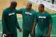 Sep 29, 2012; Waltham, MA, USA; Boston Celtics head coach Doc Rivers (middle) talks with forward/center Kevin Garnett (left) and small forward Paul Pierce (right) during practice at the Celtics training facility. Mandatory Credit: Greg M. Cooper-US PRESSWIRE