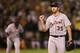 OAKLAND, CA - OCTOBER 11: Pitcher Justin Verlander #35 of the Detroit Tigers reacts after Coco Crisp #4 of the Oakland Athletics to ground out to end the eighth inning in Game Five of the American League Division Series at O.co Coliseum on October 11, 2012 in Oakland, California. (Photo by Ezra Shaw/Getty Images)