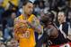 Oct. 10, 2012; Ontario, CA, USA; Portland Trail Blazers forward J.J. Hickson (21) guards Los Angeles Lakers center Robert Sacre (50) in the first half of the game at the Citizens Business Bank Arena. Mandatory Credit: Jayne Kamin-Oncea-US PRESSWIRE