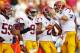 EAST RUTHERFORD, NJ - SEPTEMBER 08: Robert Woods #2 of the USC Trojans celebrates his touchdown catch with teammates John Martinez #59, Marqise Lee #9 and Matt Barkley #7 against the Syracuse Orange in the first half during a game at MetLife Stadium on September 8, 2012 in East Rutherford, New Jersey. (Photo by Rich Schultz /Getty Images)