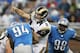 DETROIT, MI - SEPTEMBER 09: Lawrence Jackson #94 and Nick Fairley #98 pressurer quarterback Sam Bradford #8 of the St. Louis Rams during the fourth quarter of the game at Ford Field on September 9, 2012 in Detroit, Michigan. The Lions defeated the Rams 27-23. (Photo by Leon Halip/Getty Images)
