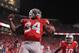 COLUMBUS, OH - OCTOBER 6: Carlos Hyde #34 of the Ohio State Buckeyes celebrates his fourth touchdown of the game against the Nebraska Cornhuskers with less than a minute to play in the game at Ohio Stadium on October 6, 2012 in Columbus, Ohio. Ohio State defeated Nebraska 63-38. (Photo by Jamie Sabau/Getty Images)